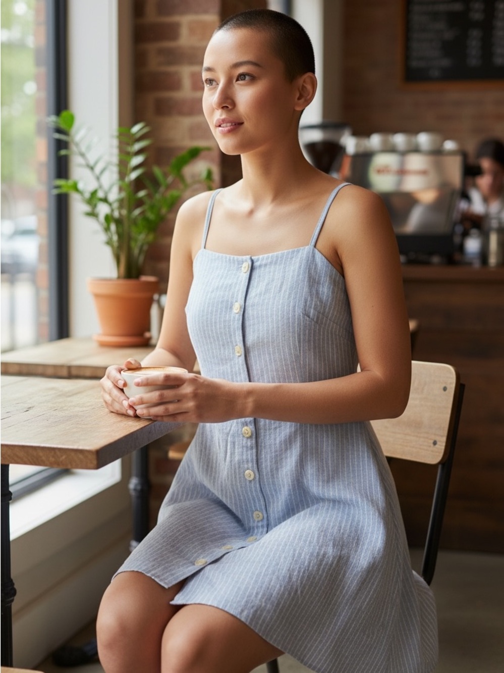 Striped Light Blue Button-Front Mini Dress with Spaghetti Straps